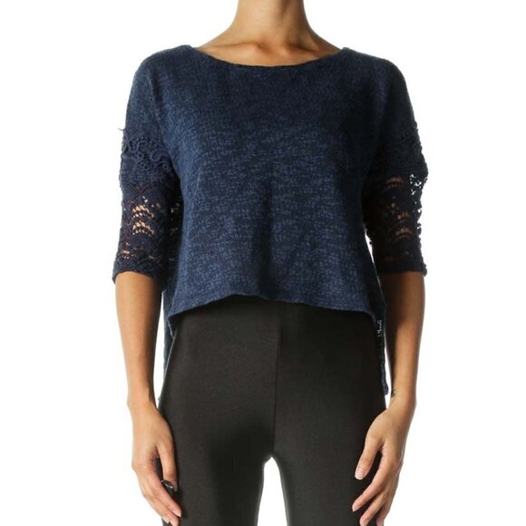 Anthropologie Tops - azel hazel hazel haze (anthropologie) Navy Crocheted Sleeve High Low Knit Top